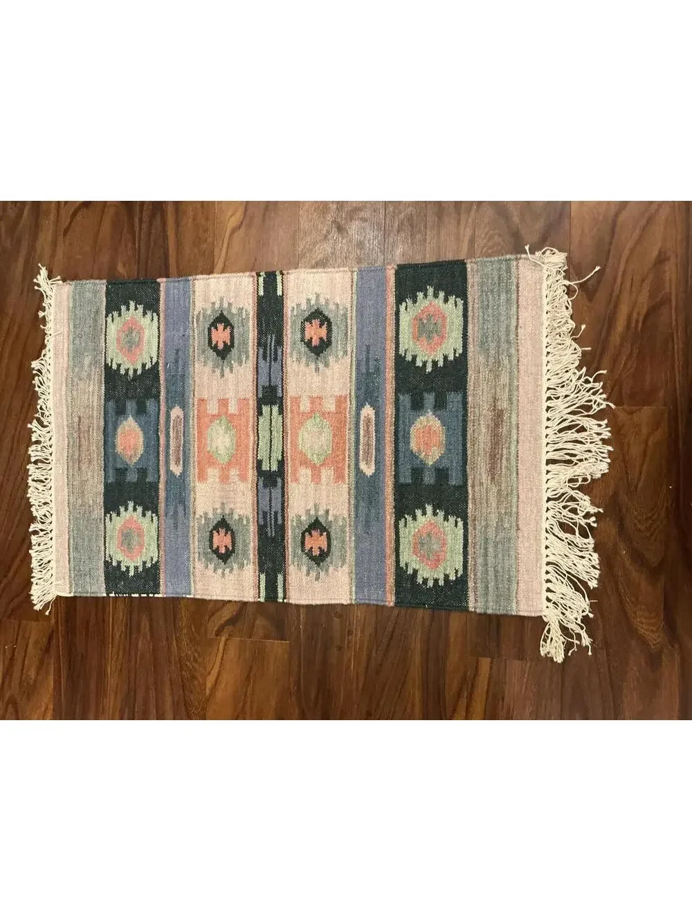 Vintage Handwoven Kilim Southwestern Style Small Wool Area Rug with Fringe